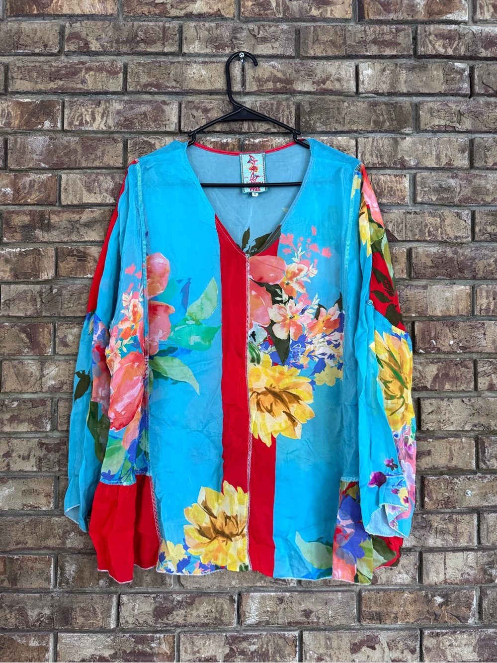 Johnny Was Turquoise floral with metallic thread blouse